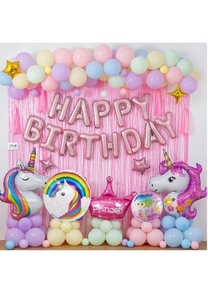 Lüks Unicorn Pembe Doğum Günü Süsü, Unicorn Folyo Balonlar Dolu Dolu Doğum Günü Parti Seti