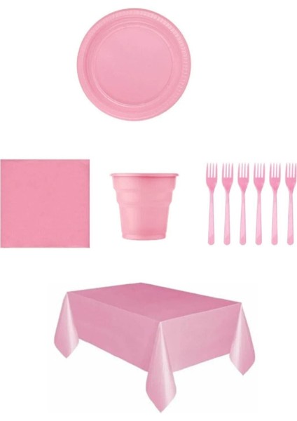 Pembe Renk Plastik Tabak, Bardak, Çatal, Peçete Ve Tek Kullanımlık Masa Örtüsü Seti