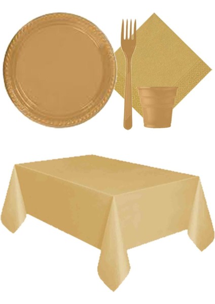 Gold Altın Renk 25 Kişilik Plastik Bardak Çatal Tabak Peçete Masa Örtüsü