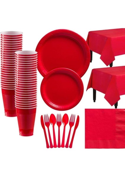 Sevgililer Günü Masası Seti Kırmızı Tabak-Bardak-Peçete-Kaşık-Çatal-Bıçak-Masa Örtüsü
