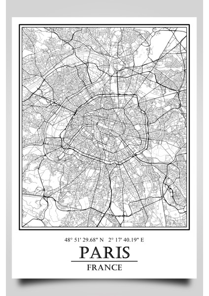 Paris Şehir Haritası Çerçevesiz Poster-Harita Sanatı, Map Art Design