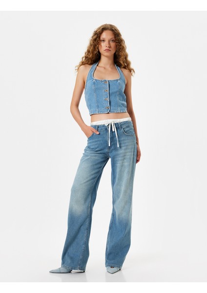 Bol Paça Kot Pantolon Çift Bel Detaylı Pamuklu - Straight Fit Jean