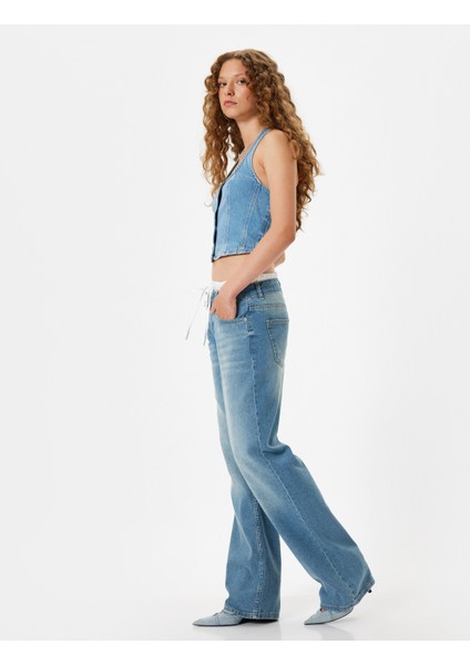 Bol Paça Kot Pantolon Çift Bel Detaylı Pamuklu - Straight Fit Jean