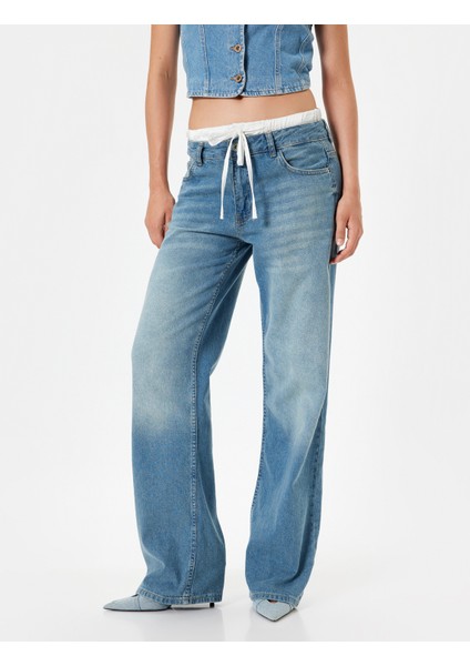 Bol Paça Kot Pantolon Çift Bel Detaylı Pamuklu - Straight Fit Jean