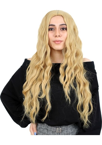 Kanekalon Fiber Sentetik Uzun Su Dalgalı Görünümlü Peruk / Sarı /