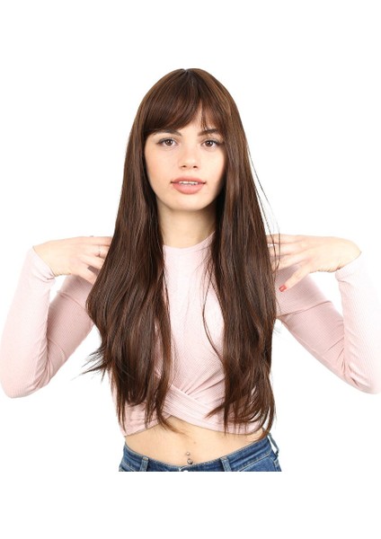 Kanekalon Fiber Sentetik Uzun Düz Kahküllü Peruk / Kahve Karamel /