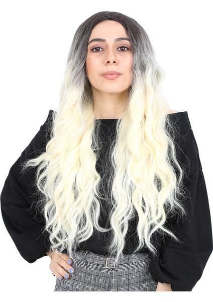 Kanekalon Fiber Sentetik Uzun Su Dalgalı Görünümlü Peruk / Açık Siyah / Platin Ombreli /
