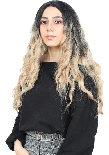 Su Dalgalı Görünümlü Uzun Kahküllü Siz Kanekalon Fiber Sentetik Peruk / Siyah / Balköpüğü Ombreli /