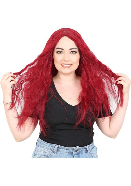 Kabartılmış Dalgalı Uzun Kanekalon Fiber Sentetik Peruk / Kızıl /