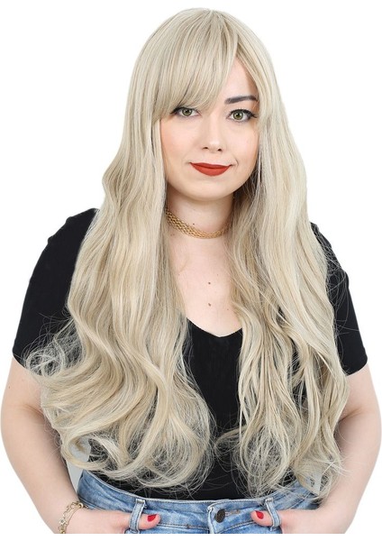 Özel Kahküllü Uzun Dalgalı Kanekalon Fiber Sentetik Peruk / Balköpüğü / Platin Röfleli /