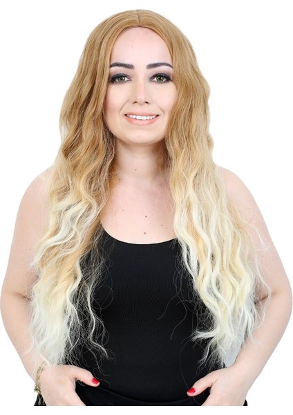 Kanekalon Fiber Sentetik Uzun Su Dalgalı Görünümlü Peruk / Balköpüğü / Platin Kısa Ombreli /