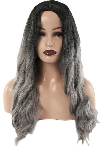 Kanekalon Fiber Sentetik Uzun Su Dalgalı Görünümlü Peruk / Siyah Gri Ombreli /