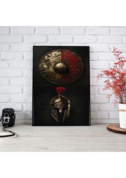 Spartalı Asker Kalkan & Miğfer Duvar Dekor Poster 30 x 42 Çerçevesiz