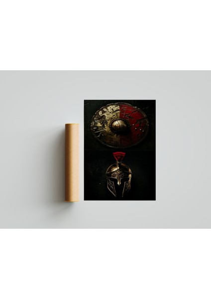 Spartalı Asker Kalkan & Miğfer Duvar Dekor Poster 30 x 42 Çerçevesiz