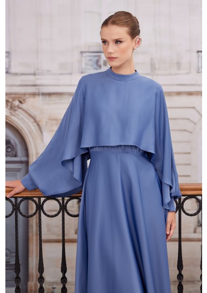 Pelerinli Elbise Kot Mavi