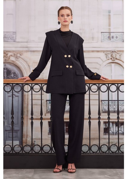 Kruvaze Blazer Ceket Pantolon Takım Siyah