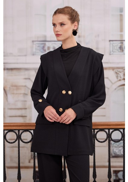 Kruvaze Blazer Ceket Pantolon Takım Siyah