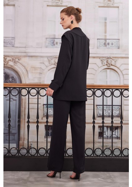 Kruvaze Blazer Ceket Pantolon Takım Siyah