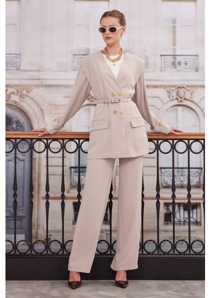 Kruvaze Blazer Ceket Pantolon Takım Bej