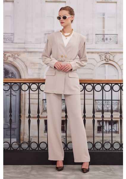 Kruvaze Blazer Ceket Pantolon Takım Bej