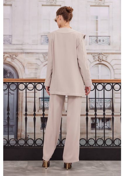 Kruvaze Blazer Ceket Pantolon Takım Bej