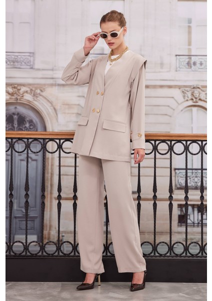 Kruvaze Blazer Ceket Pantolon Takım Bej