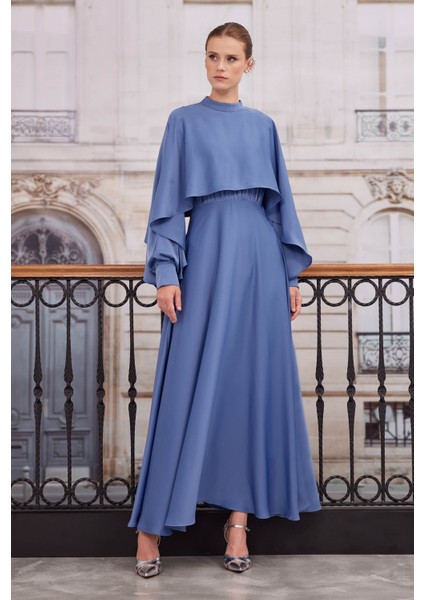 Pelerinli Elbise Kot Mavi
