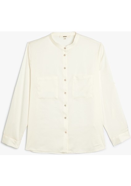 Yakasız Saten Gömlek Uzun Kollu Aplike Cep Detaylı