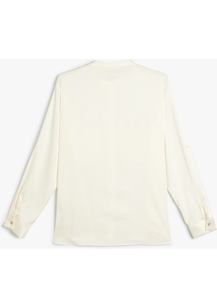 Yakasız Saten Gömlek Uzun Kollu Aplike Cep Detaylı fiyatları