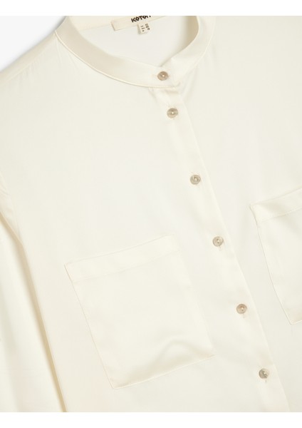 Yakasız Saten Gömlek Uzun Kollu Aplike Cep Detaylı modelleri
