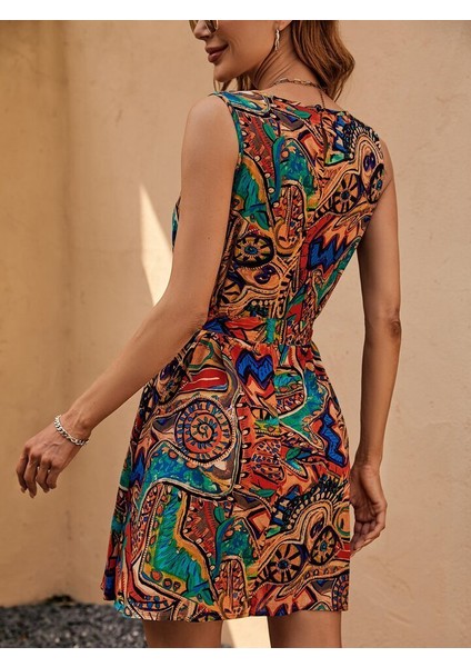 Kadın Sıfır Kol Kesik V Yaka Etnik Desenli Mikro Elbise fiyatları