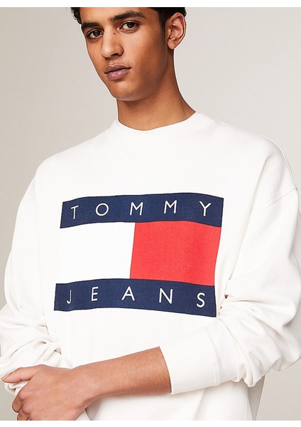 Tommy Jeans Bisiklet Yaka Krem Erkek Sweatshırt DM0DM19222YBH Rlx Bıg