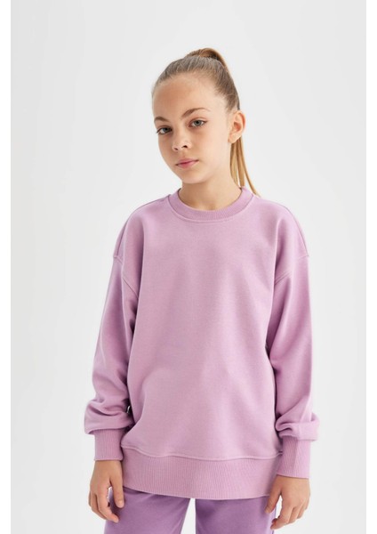 Kız Çocuk Lila Relax Fit Bisiklet Yaka Pamuklu Basic Düz Okul Sweatshirt A2797A824AU