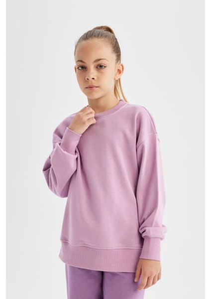 Kız Çocuk Lila Relax Fit Bisiklet Yaka Pamuklu Basic Düz Okul Sweatshirt A2797A824AU