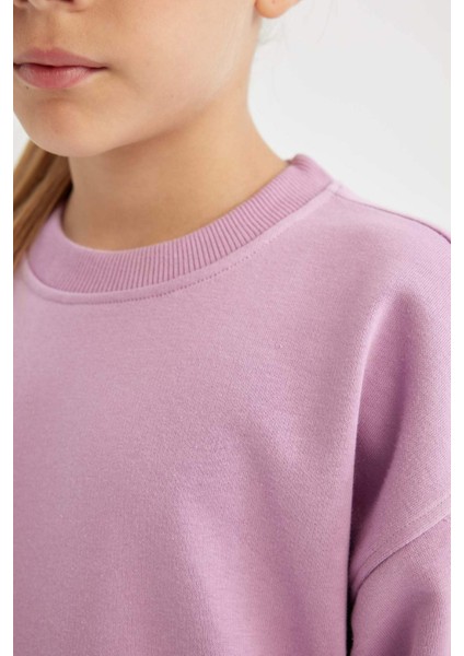 Kız Çocuk Lila Relax Fit Bisiklet Yaka Pamuklu Basic Düz Okul Sweatshirt A2797A824AU