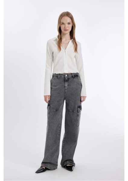 Coool Fitted Basic Düz Düğmeli Uzun Kollu Crop Beyaz Gömlek A0012AX24AU