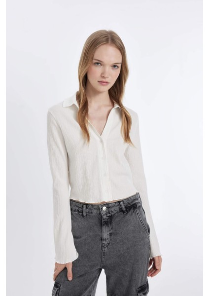 Coool Fitted Basic Düz Düğmeli Uzun Kollu Crop Beyaz Gömlek A0012AX24AU