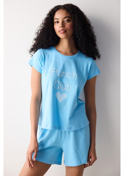 Blue Heart Şortlu Mavi Pijama Takımı