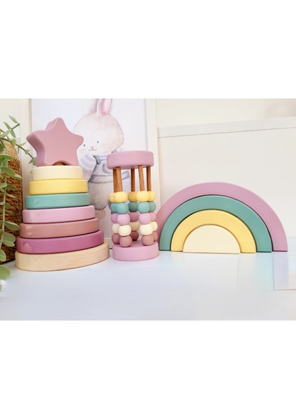 Tinyminywoods Yıldız Halka Kule Set (Halka Kule + Abaküs + Gökkuşağı )Ahşap Oyuncak Dekor Montessori Oyuncak fırsatları