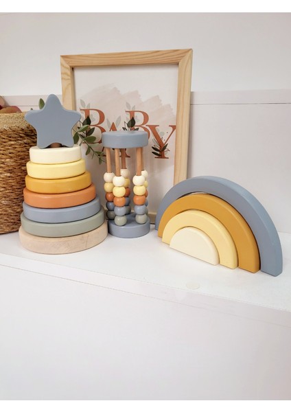 Tinyminywoods Yıldız Halka Kule Set (Halka Kule + Abaküs + Gökkuşağı )Ahşap Oyuncak Dekor Montessori Oyuncak modelleri