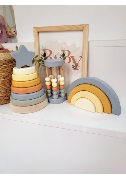 Tinyminywoods Yıldız Halka Kule Set (Halka Kule + Abaküs + Gökkuşağı )Ahşap Oyuncak Dekor Montessori Oyuncak fırsatları