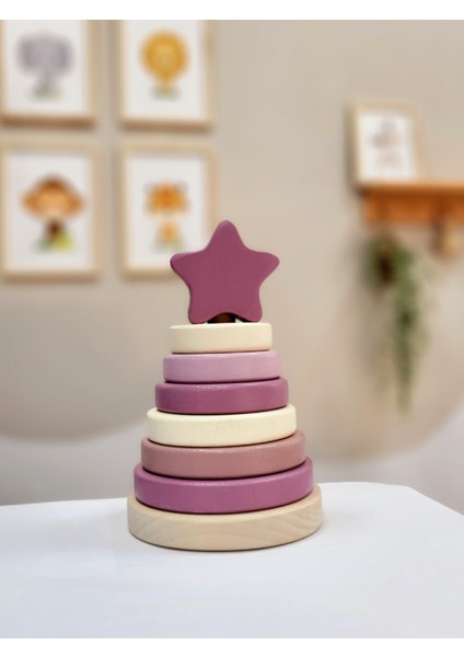 Yıldız Halka Kule Ahşap Oyuncak Dekor Montessori Oyuncak Eğitici Oyuncak