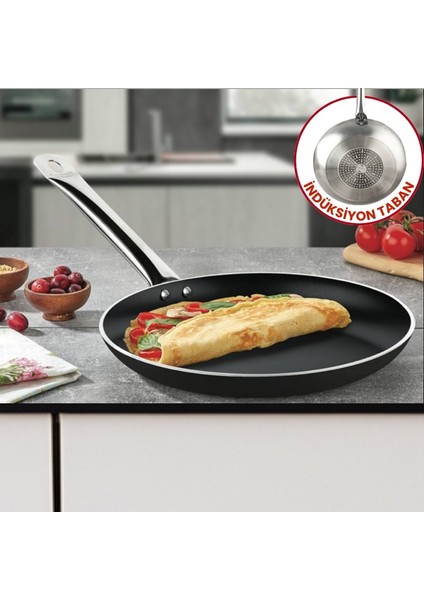 24 cm Bistro Indüksiyonlu Krep Tava, Horeca Indüksiyon Tabanlı Krep Omlet Tavası (Çelik Boru Kulp)