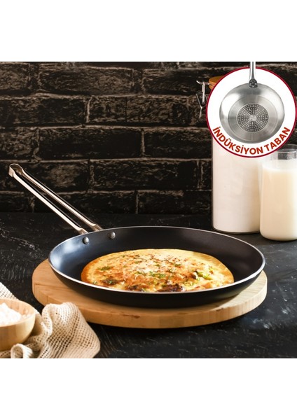 26 cm Chef Indüksiyonlu Krep Tava, Horeca Indüksiyon Tabanlı Krep Omlet Tavası (Çelik Çubuk Kulp)