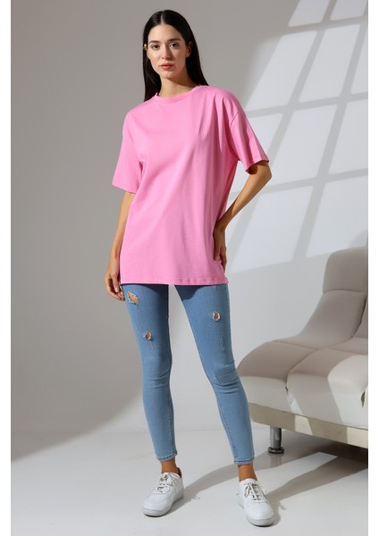 Oversize Bisiklet Yaka Pamuk Penye Kompakt Basic T-Shirt 21752 Pembe