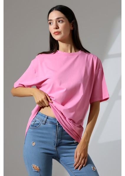 Oversize Bisiklet Yaka Pamuk Penye Kompakt Basic T-Shirt 21752 Pembe fiyatları