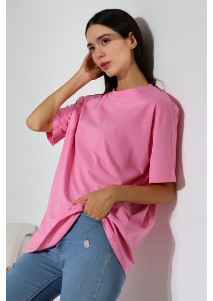 Oversize Bisiklet Yaka Pamuk Penye Kompakt Basic T-Shirt 21752 Pembe modelleri
