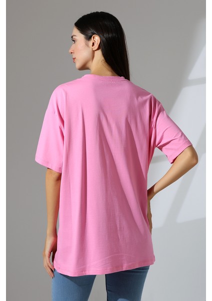 Oversize Bisiklet Yaka Pamuk Penye Kompakt Basic T-Shirt 21752 Pembe fırsatları