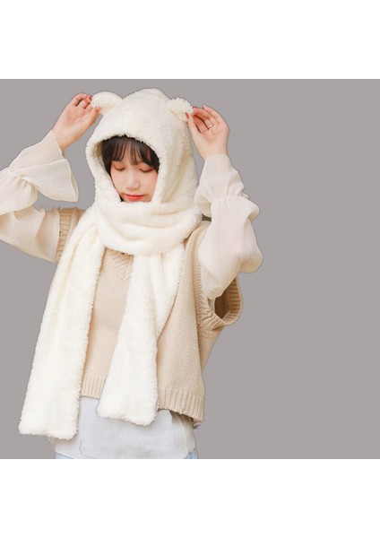 Kids Hoody Kapşonlu Peluş Bere Atkı Kadın Welsoft Polar Kaşkol Boyunluk Şalı Rüzgar Geçirmez Kulaklı Şapka