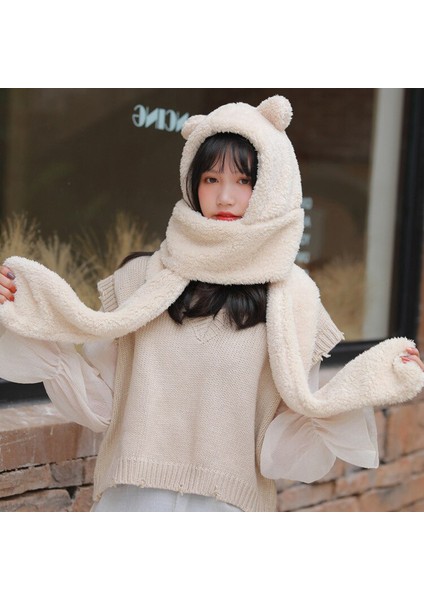 Kids Hoody Kapşonlu Peluş Bere Atkı Kadın Welsoft Polar Kaşkol Boyunluk Şalı Rüzgar Geçirmez Kulaklı Şapka